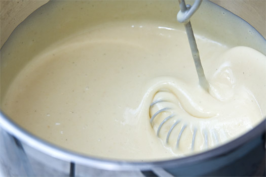 cooking through the creme patisserie after adding the scalded milk