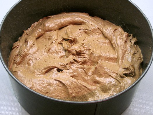 the batter in a cake tin