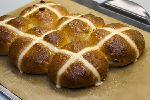 the hot cross buns after baking and glazing