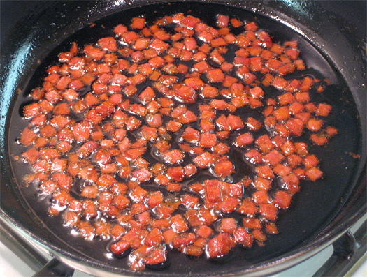 frying the chorizo cubes